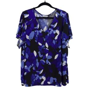 Calvin Klein Blouse Womens 2X Blue Floral Top Stretch Summer Coastal Workwear